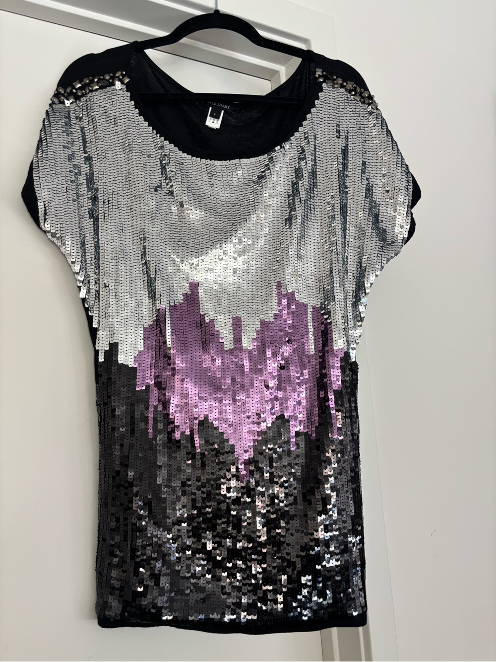 Sequin Short Sleeve Top in Silver, Purple & Black